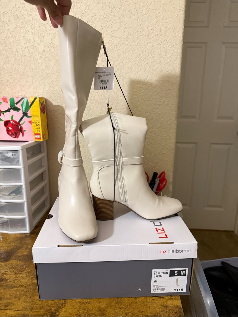Liz Claiborne Cream Mid-Calf Block Heel Boots - Size 5M
